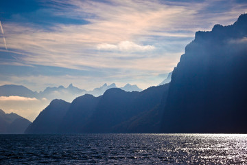Lake Luzern alpine cliffs and dramatic lights view
