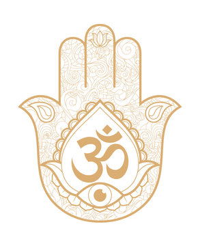 Indian hand Hamsa or hand of Fatima with third eye and logo Om. Hand drawn