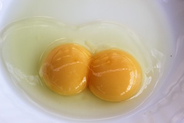 Egg double yolk on a plate.