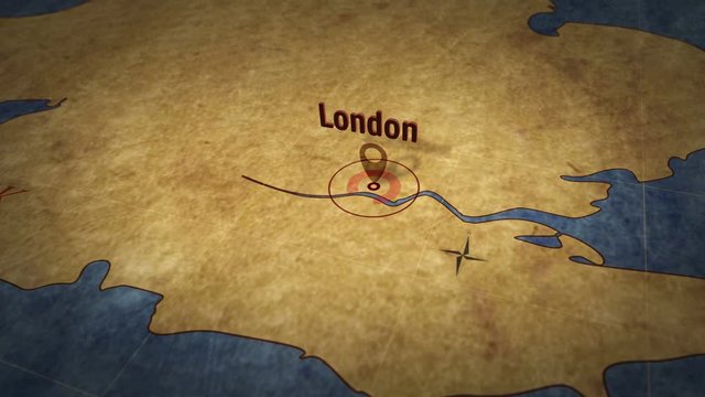 London on simple retro paper map. 3D flight over grunge atlas chart with city marked by pushpin.