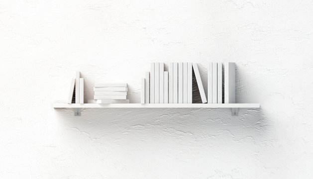 Blank white stack of books mock ups on shelf mounted