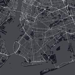 Brooklyn map. Dark map of Brooklyn borough (New York, United States). Highly detailed map of Brooklyn with water objects, roads, railways, etc.
