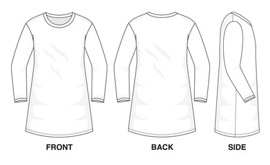 Isolated object of clothes and fashion stylish wear fill in blank dress. Regular Neck Strap Original Top Illustration Vector Template Dresses Long Sleeves. Front, back and side view