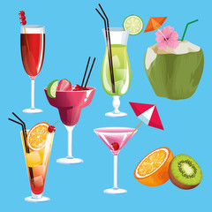 Summer cocktails and fruits icons