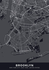 Brooklyn map. Dark poster with map of Brooklyn borough (New York, United States). Highly detailed map of Brooklyn with water objects, roads, railways, etc. Printable poster.