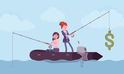 Business fishing for money. Two businesswomen trying to catch a dollar symbol, more and less successful manager, different achievements and chance, luck, fortune in market. Vector illustration
