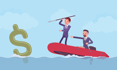 Business fishing for money with harpoon. Two businessmen on inflatable boat trying to catch a large dollar symbol, catching profit, success, hunting for big financial wealth. Vector illustration