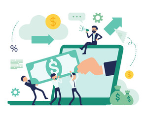 Investment in a startup. Business people investing money for profit, putting capital in new project to gain profitable returns. Vector abstract illustration with faceless characters