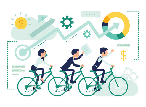Business team moving forward. Employees organized, work together in group to achieve a common goal, improve company productivity. Vector abstract illustration with faceless characters