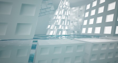 Abstract white and blue water parametric interior with neon lights. 3D illustration and rendering.