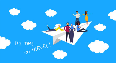It's time to travel! Travel vacations design picture of papper aircraft, airplane, airliner in isometric, 3D style, cloud and different people. Vector illustration. Blue background.