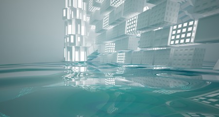 Abstract white and blue water parametric interior with neon lights. 3D illustration and rendering.