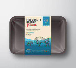 Fine Quality Organic Bison. Abstract Vector Meat Plastic Tray Container with Cellophane Cover. Vertical Packaging Design Label. Hand Drawn Buffalo Silhouettes Landscape Background Layout.