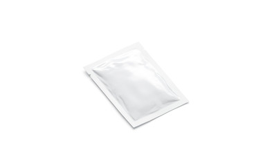 Blank white sachet packet mock up, isolated, side view, 3d rendering. Empty sealed parcel with...