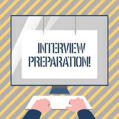 Writing note showing Interview Preparation. Business concept for Candidate getting ready for the employer job dialogue Hands on Keyboard Front White Monitor with Screen Protector