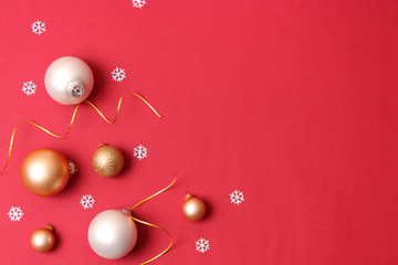 Obraz premium Christmas or New Year accessories on color background top view. Holidays, gifts, background, place for text. flatlay