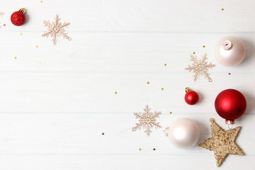 Christmas or New Year accessories on color background top view. Holidays, gifts, background, place...