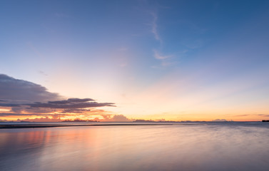 Panoramic dramatic blue sea sky sunset with golden light background,long exposure