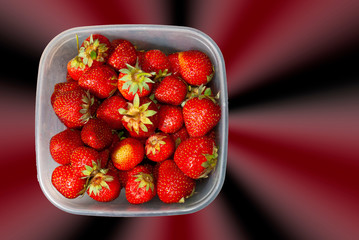 Strawberries in a square plastic tray on a beautiful background with copy space