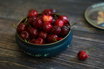 cherries in a bowl on wooden table