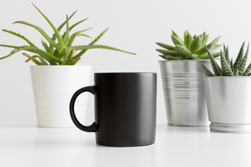 Black mug mockup with various types of succulents on a white table.