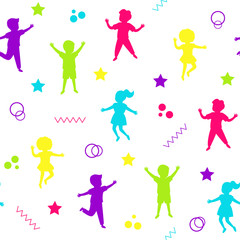 Multicolor silhouette joyful children jump together seamless pattern background. Kids playing. Happy childhood of boys and girls. Isolated vector illustration on white background