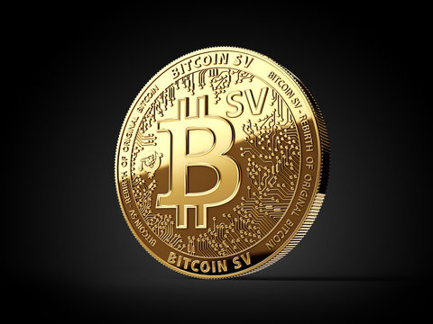 Golden Bitcoin Satoshi Vision (Bitcoin SV or BSV) cryptocurrency physical concept coin isolated on black background. 3D rendering