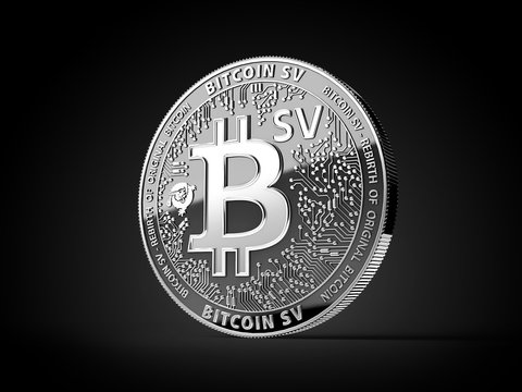 Silver Bitcoin Satoshi Vision (Bitcoin SV or BSV) cryptocurrency physical concept coin isolated on black background. 3D rendering