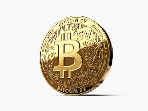 Golden Bitcoin Satoshi Vision (Bitcoin SV or BSV) cryptocurrency physical concept coin isolated on white background. 3D rendering