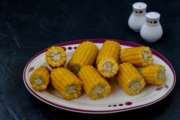 Corn is located on a plate on a dark background with salt and pepper shakers in the background