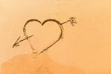 Feet stand near the sign - I heart of you. Summer vacation sand beach inspire to travel on Valentines day.  Romantic travel for love couples or family holidays. Relaxing sign I love you on yellow sand