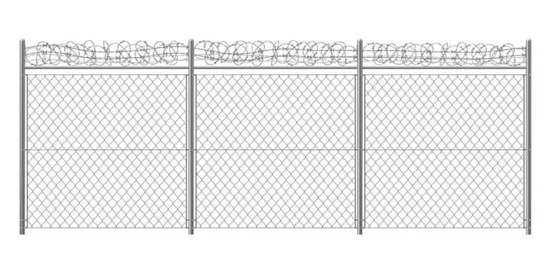 Chain-link, rabitz fence fragment with metallic pillars and barbed or razor wire 3d realistic vector illustration isolated on white background. Secured territory, protected area or prison fencing