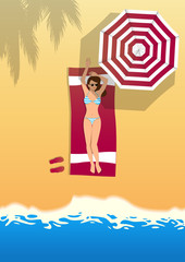 top view of women wearing bikini tanning in beautiful sea beach landscape background. summer holiday vector illustration