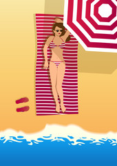 top view of women wearing bikini tanning in beautiful sea beach landscape background. summer holiday vector illustration