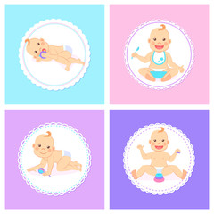 Smiling baby wearing bib and eating vector, kid holding spoon flat style. Childhood newborn baby laying, playing child, plastic toys on ground set