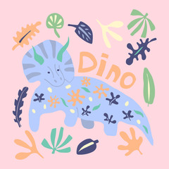 Cute dinosaur color hand drawn vector character. Dino flat handdrawn clipart. Prehistoric animal. Sketch Triceratops with lettering. Isolated cartoon illustration for kids game, book, t-shirt