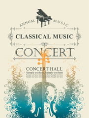 Vector poster for the annual concert of classical music with violin and grand piano on a light background with place for text in retro style © paseven