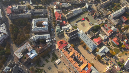 Aerial, top view from Drone. The historic center of Ivano-Frankivsk city, Ukraine, with city hall building in art deco style.