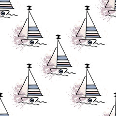 Marine pattern yachts silhouette on wave.
