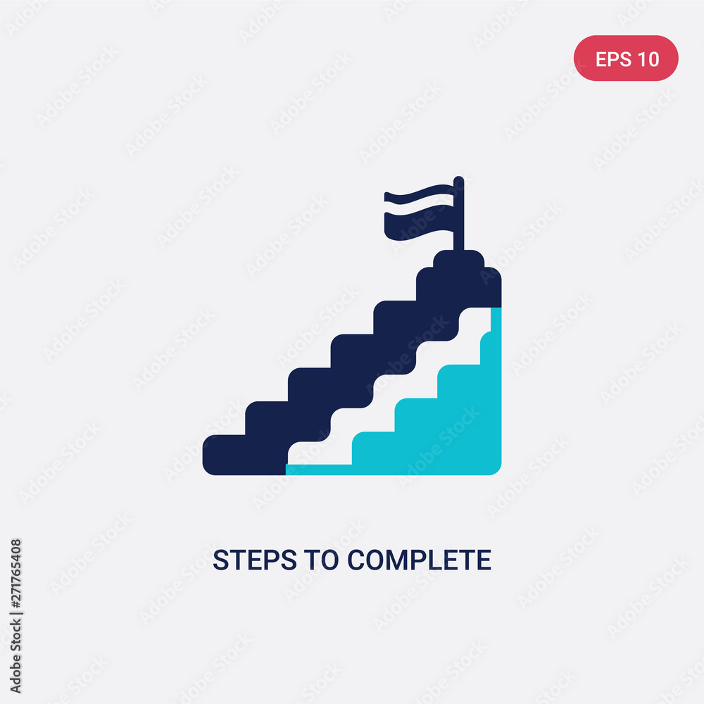 Poster two color steps to complete vector icon from education concept. isolated blue steps to complete vect