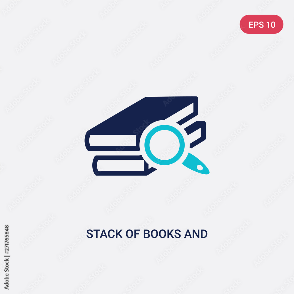 Poster two color stack of books and magnifier vector icon from education concept. isolated blue stack of bo