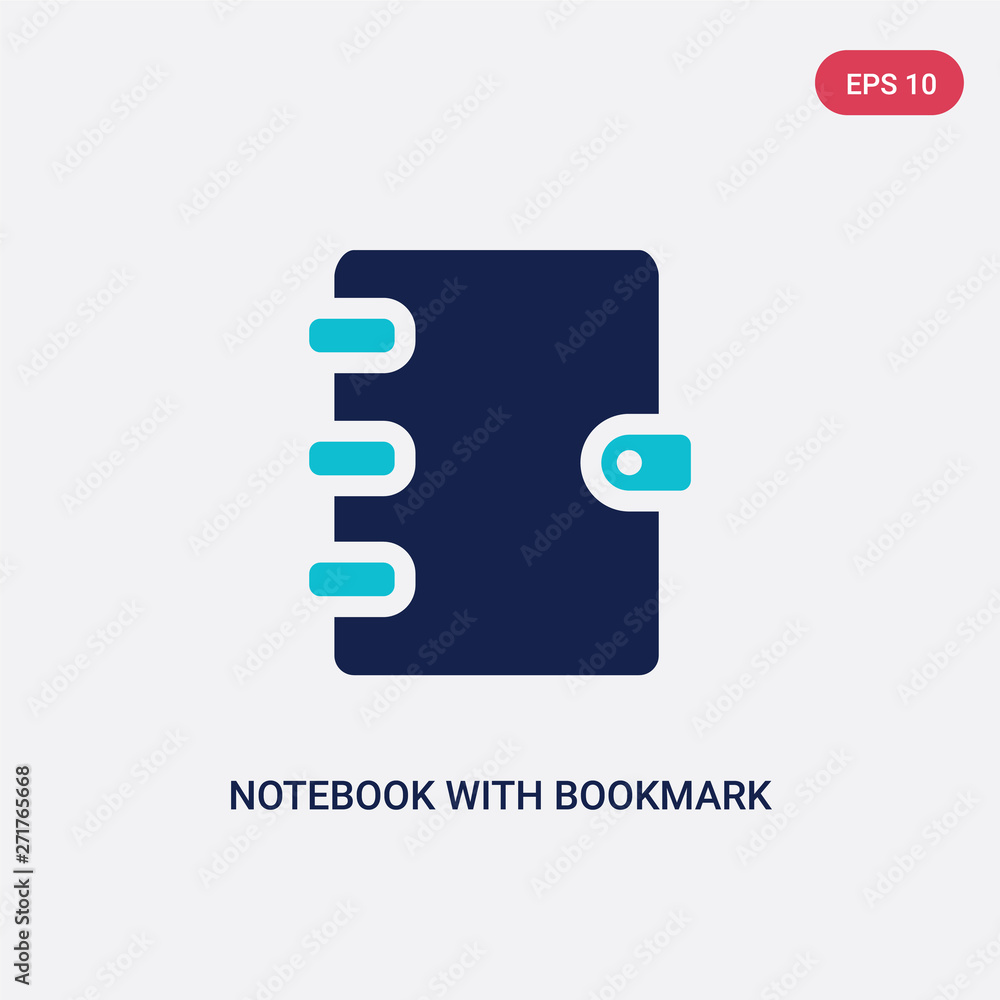 Poster two color notebook with bookmark vector icon from education concept. isolated blue notebook with boo