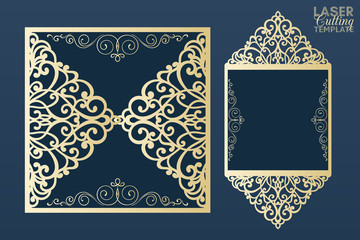 Laser cut wedding invitation card template vector. Cutout paper gate fold card for laser cutting or die cutting template. Wedding invitation mockup. Suitable for greeting cards, invitations, menus.