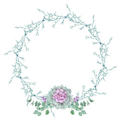 Beautiful watercolor wreath with succulents. Watercolor graphic for fabric, postcard, greeting card, book, poster, tee-shirt, banners, emblems, logo. Illustration, isolated objects.