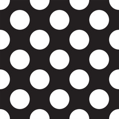 Black background with white circles. Seamless black and white vector decorative background with polka dots. Classic style. Flat design