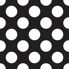 Black background with white circles. Seamless black and white vector decorative background with polka dots. Classic style. Flat design