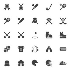 Sport equipment vector icons set, modern solid symbol collection, filled style pictogram pack. Signs, logo illustration. Set includes icons as First place award medal, Baseball bat ball, Hockey Stick