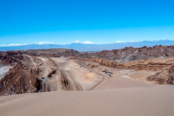 Moonlike landscape of dunes, rugged mountains and rock formations of Valle de la Luna (Moon valley), Atacama desert, Chile