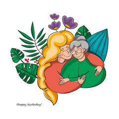 a young girl hugs her grandmother. the relationship of generations. tropical leaves and flowers in the background. postcard, vector illustration