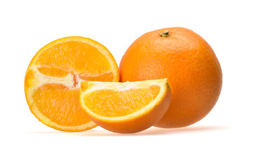 Fresh juicy composition of ripe sliced tropical oranges on a neutral white background